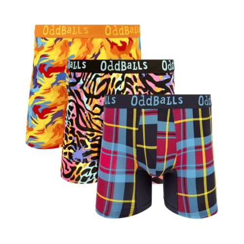 OddBalls Mens Bamboo Boxer Shorts, 3 Pack - Patterned, Anti-Chafing Underwear (UK, Alpha, L, Regular, Regular, Jazzy Bundle)
