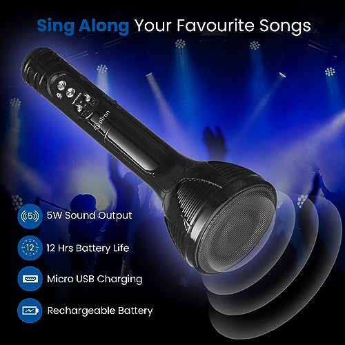Image of pTron Fusion Sing 5W Wireless Speaker with Karaoke Mic, 12Hrs Playtime, Record Songs, Lightweight Handheld Design, Bluetooth v5.0, Aux Play /mSD Play /USB Play & Media Controls (Midnight)