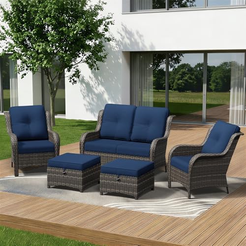 Image of 5 Piece Outdoor Wicker Patio Furniture Set, Patio Chairs Set with Thickened Olefin Cushions, High Back and Deep Seating, Hand-Woven PE Rattan, Ottoman for Porch, Deck