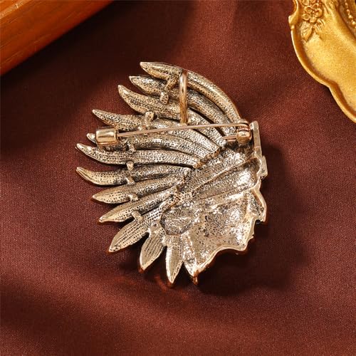 Image of Rhinestone Indian Chief Head Brooch Pin for Women Men Gold Plated Fashion Creative Colorful Crystal Tribal Pendant Brooches Lapel Pins Delicate Hat Bag Suit Dress Accessories Holiday Festival Jewelry