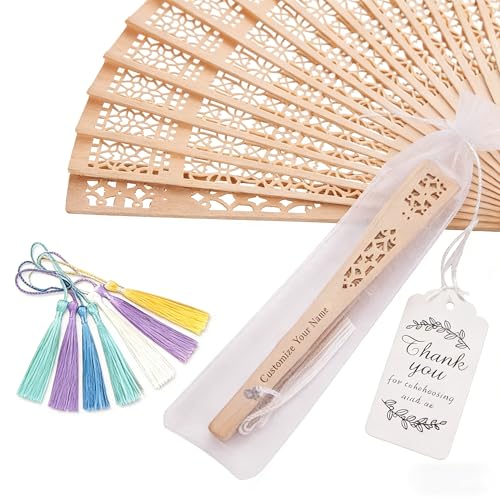 DSYDSY 25 Pcs Personalized Wooden Fans for Wedding, Custom Hand Fans for Guests, Bridal Shower Favors with Silk Organza Bags
