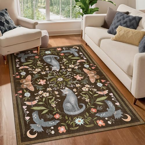 GarveeHome 3x5 Cat Washable Area Rug for Entryway, Mushroom Floral Brown Bedroom Rug Non Slip Low Pile Butterfly Carpet Stain Resistant Throw Rug for Kitchen Dorm Kids Room Office Dining Room