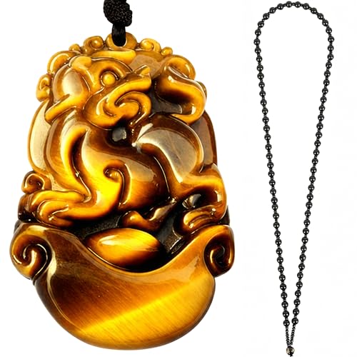 Chiorgone Natural Tiger Eye Pendant Dog - Chinese Zodiac Amulet for Good Luck & Protection - Feng Shui Healing Crystal Necklace Charm for Men/Women.