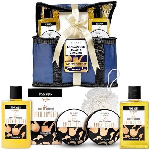 SpaLife Luxury Spa Skincare Sandalwood Gift Set for Men | Mens Body Wash Gifts | Mens Gift Set for Bath and Body | Gifts for Men | Cleansing, Moisturizing, Exfoliating | 7-Piece Bundle
