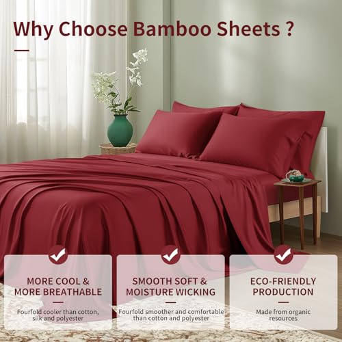 Image of Shilucheng 6 Piece California King Sheet Sets, Cooling Sheets, Blend Rayon Derived from Bamboo, Deep Pocket Up to 16 inch, Breathable & Soft Bed Sheets, Hotel Silky Bedding Set, Burgundy