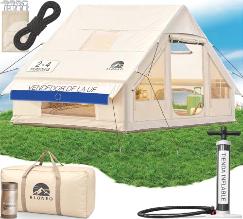 ELONEO Tienda Inflable para 2/4/6/8 Personas con Ventana en el Techo y Bomba de Aire, Tienda Glamping Premium Impermeable, Tienda de Aire, Inflatable Tent, Tienda de Camping, Crema