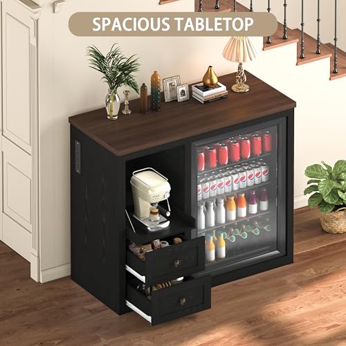 Image of 47.2 inch Coffee Bar Cabinet with Mini Fridge Space, Farmhouse Wine Bar Cabinet with Storage Drawers, Fridge Cabinet with Power Outlet, Sliding Shelf for Kitchen Dining Room, Black
