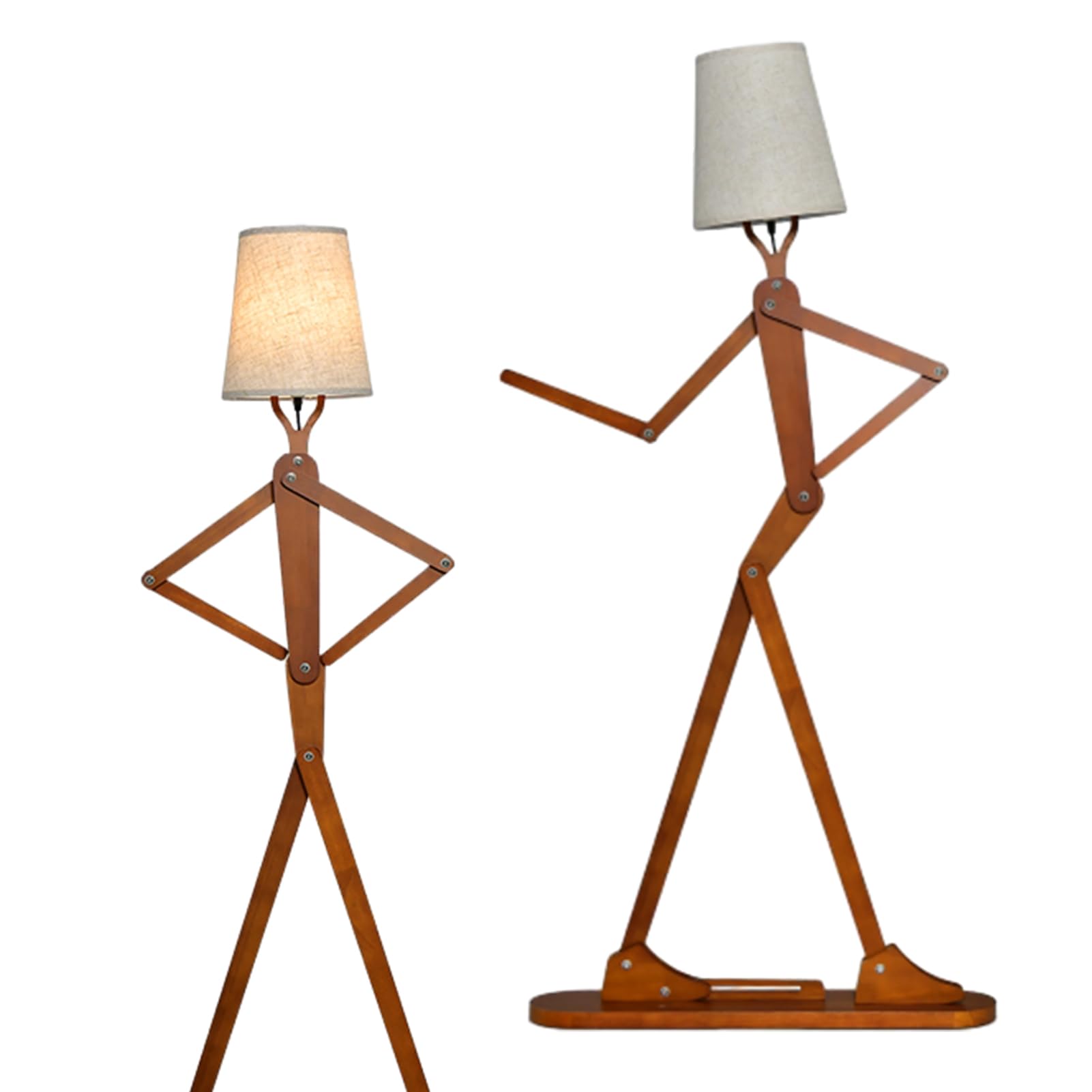 COSTWAY Lampadaire Bois de Caoutchouc Humanoïde Créatif, Lampadaire sur Pied Articulations Réglables, Abat-jour en Tissu Changeable et Interrupteur au Pied pour Salon Chambre à Coucher