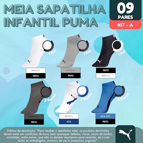 Kit 09 Pares Meia Infantil Puma Sapatilha Cano Curto Everyday Criança Unissex Juvenil | KIT - A | 25