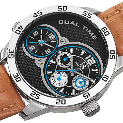 Joshua & Sons Men's Multifunction Watch - Dual Time Zone Quartz Watch And Embossed Leather Strap -Js97 (Silver/Black) (Silver/Brown) #TOP1