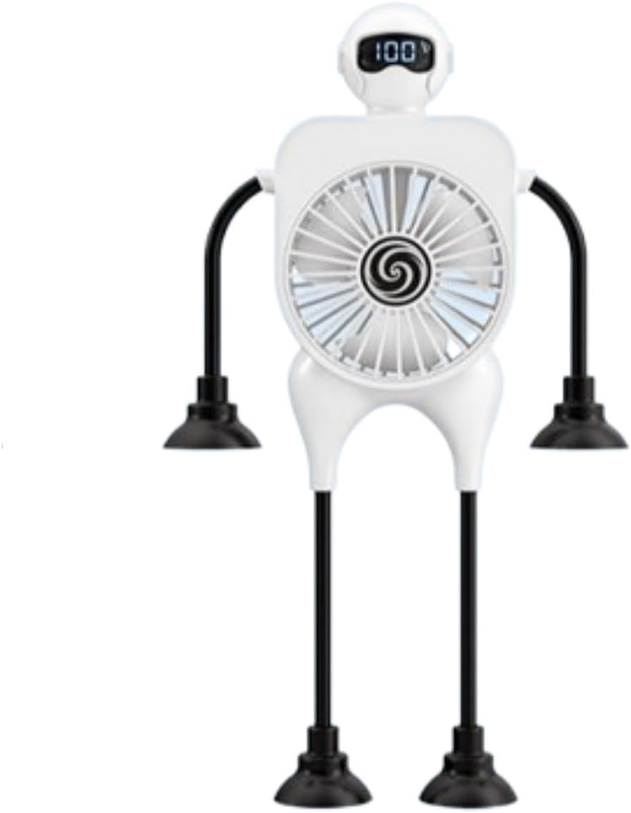 Flexible Robot Portable Desk Fan, 100-Speed Rechargeable Fan with 4 Suction Cups, LED Display Quiet Brushless Motor, Multi-position Mountable for Car Stroller Home Office Camping (White)