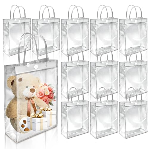 Wiederverwendbare Tragetaschen Transparent, 12 Stück PVC Transparente Wickeltaschen, Wasserdicht Klare Geschenktüten mit Griffen, Durchsichtige Geschenktüte Hochzeit für Babyparty Geburtstag