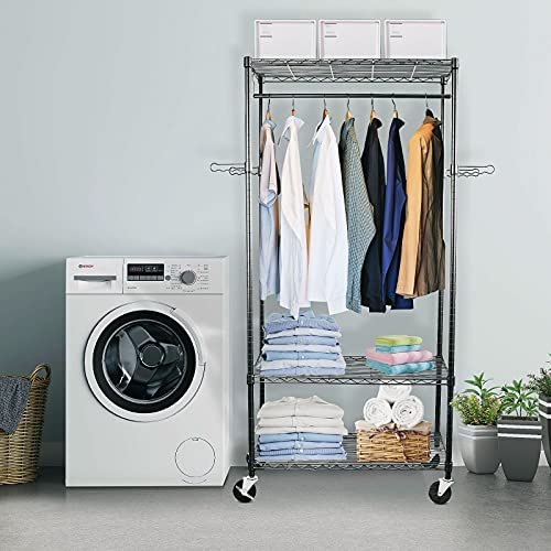 Image of Rolling Clothes Rack with Wheels, Large Heavy Duty Clothing Rack with Shelves, Adjustable Metal Garment Racks Closet Organizer Rack for Hanging Clothes, 35 inch D x 18 inch W x 74.4 inch H