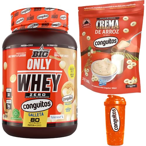 Pack Conguitos galleta white Fitness:1kg Proteína Sin Lactosa ,1kg Crema de Arroz y Shaker 500ml
