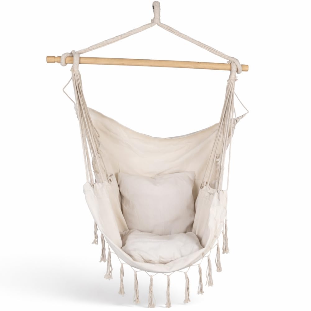 BAKAJI Amaca Poltrona Sospesa Bianca con Cuscino e Seduta Ergonomica per Interno ed Esterno, Sedia a Dondolo con Gancio Capacità 150kg, Ideale per Soggiorno, Giardino, Patio, Tessuto Traspirante