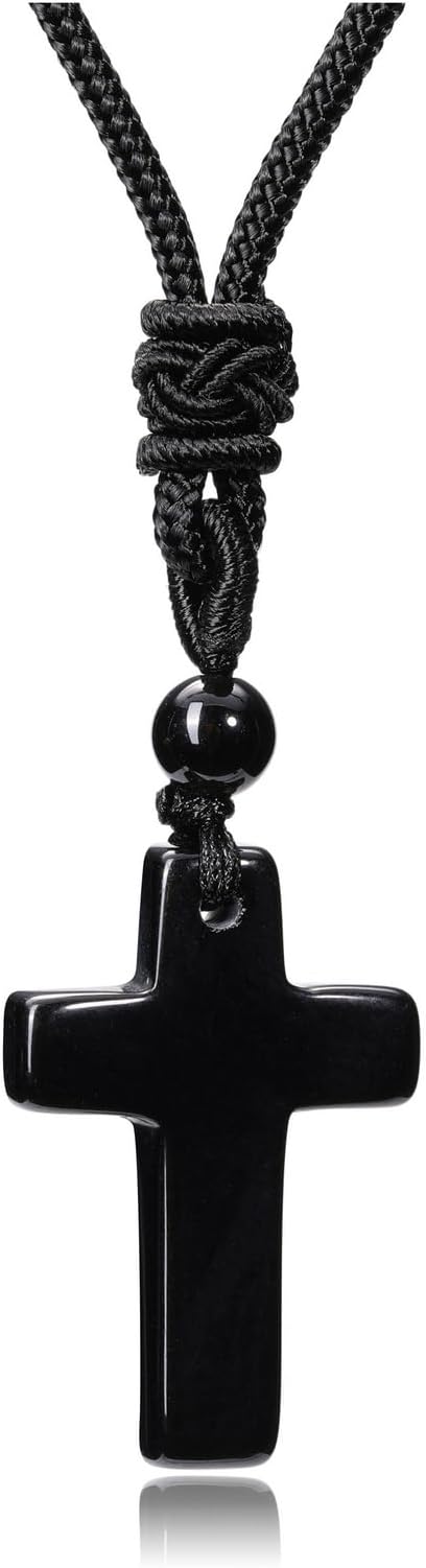 Cross Crystal Necklace for Men Women Natural Gemstone Healing Stone Cross Necklace Adjustable Rope Jewellery Christian Gifts For Women Men Christmas
