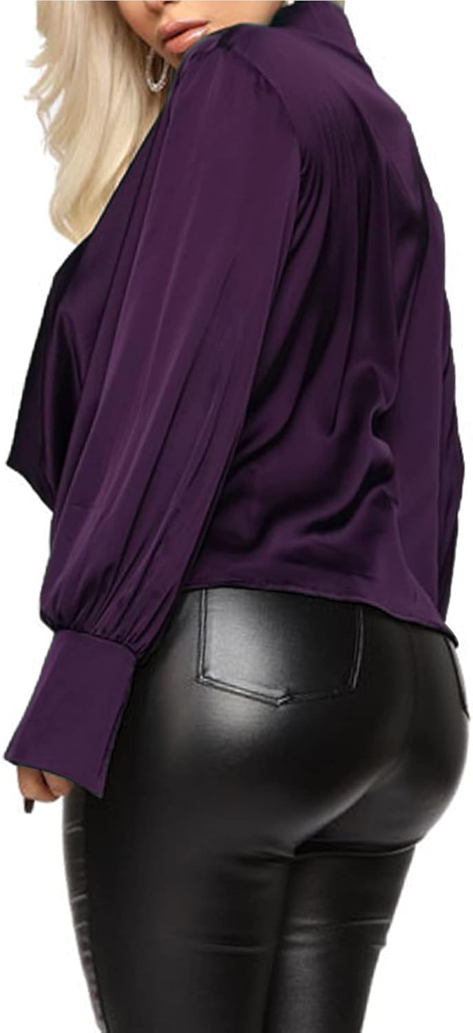LYANER Women's Satin Collar Neck Drape Ruched Front Long Sleeve Blouse Shirt Top - Image 2