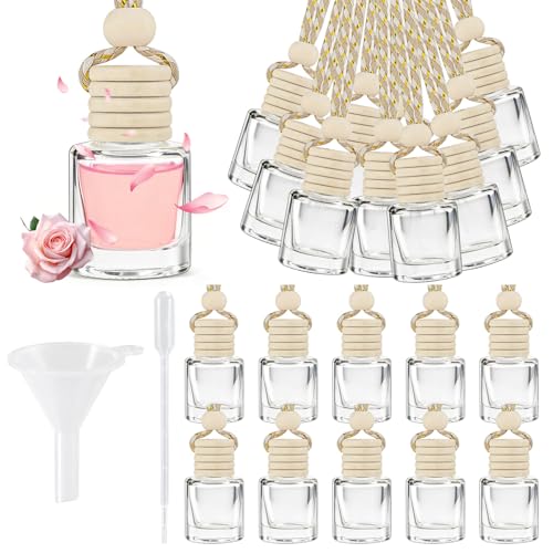 20 Pcs Car Diffuser Bottle Set with Wooden Caps Dropper and Funnel Empty Glass Car Air Freshener Bottle Bulk Hanging Essential Oil Fragrance Pendants for Car DecorCan DIY Car Air Freshners Diffuser