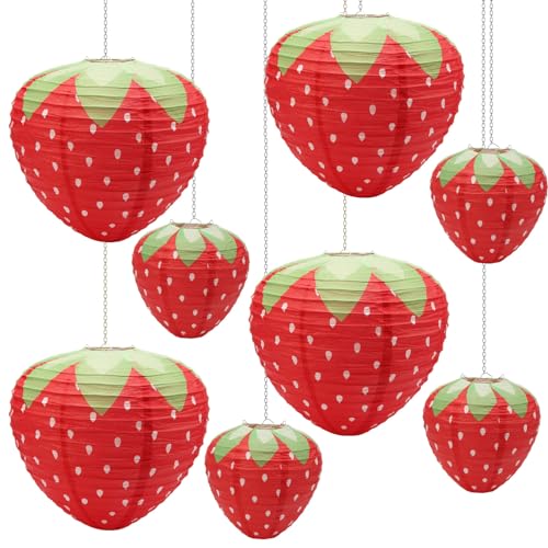 Windspeed Strawberry Paper Lanterns, 8Pcs Hanging Ornament, 3D Strawberry Decoration for Birthday Party Decorations, 8 inch, 12 inch