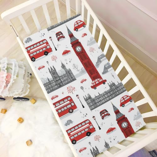 Image of London Theme Car Crib Sheets Soft Breathable Fitted Baby Crib Sheets Mattress Cover for Girls Boys, 52 inch x 28 inch x 9 inch