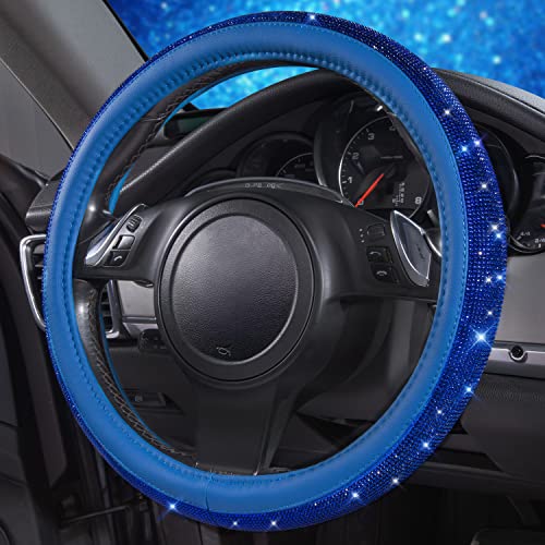 Image of CAR PASS Bling Diamond Leather Steering Wheel Cover, with Bling Sparkly Crystal Glitter Rhinestones Universal Fit 14 inch 1 /2-15 inch Car Wheel Protect for Women Girl Fit Suvs,Vans,Sedans,Cars,Trucks, Blue