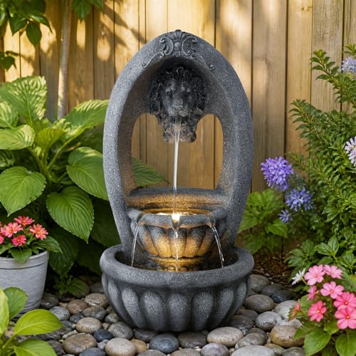 Image of Lion Head 2-Tier Outdoor Water Fountain, Resin & LED, 31.1 in