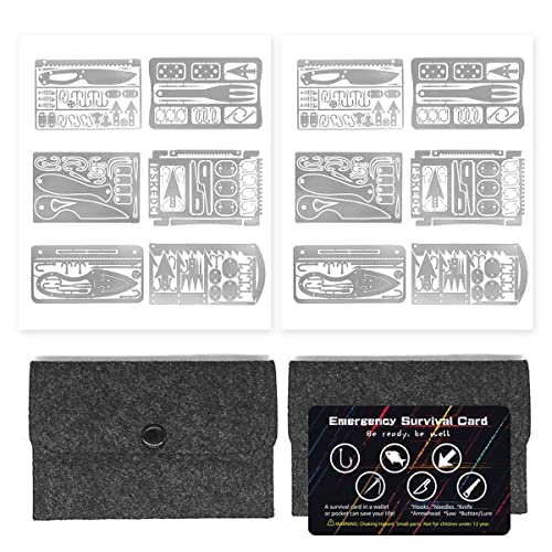 PSKOOK Survival Multitool Card Emergency Camping Tool EDC Kit in Your Wallet Outdoor Hunting Fishing Hiking Gear (2 Packs of Silver, 6 Pieces Each)
