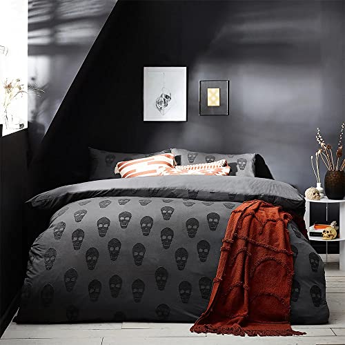 furn. The Linen Yard Skulls Super King Duvet Cover Set, Cotton, Charcoal
