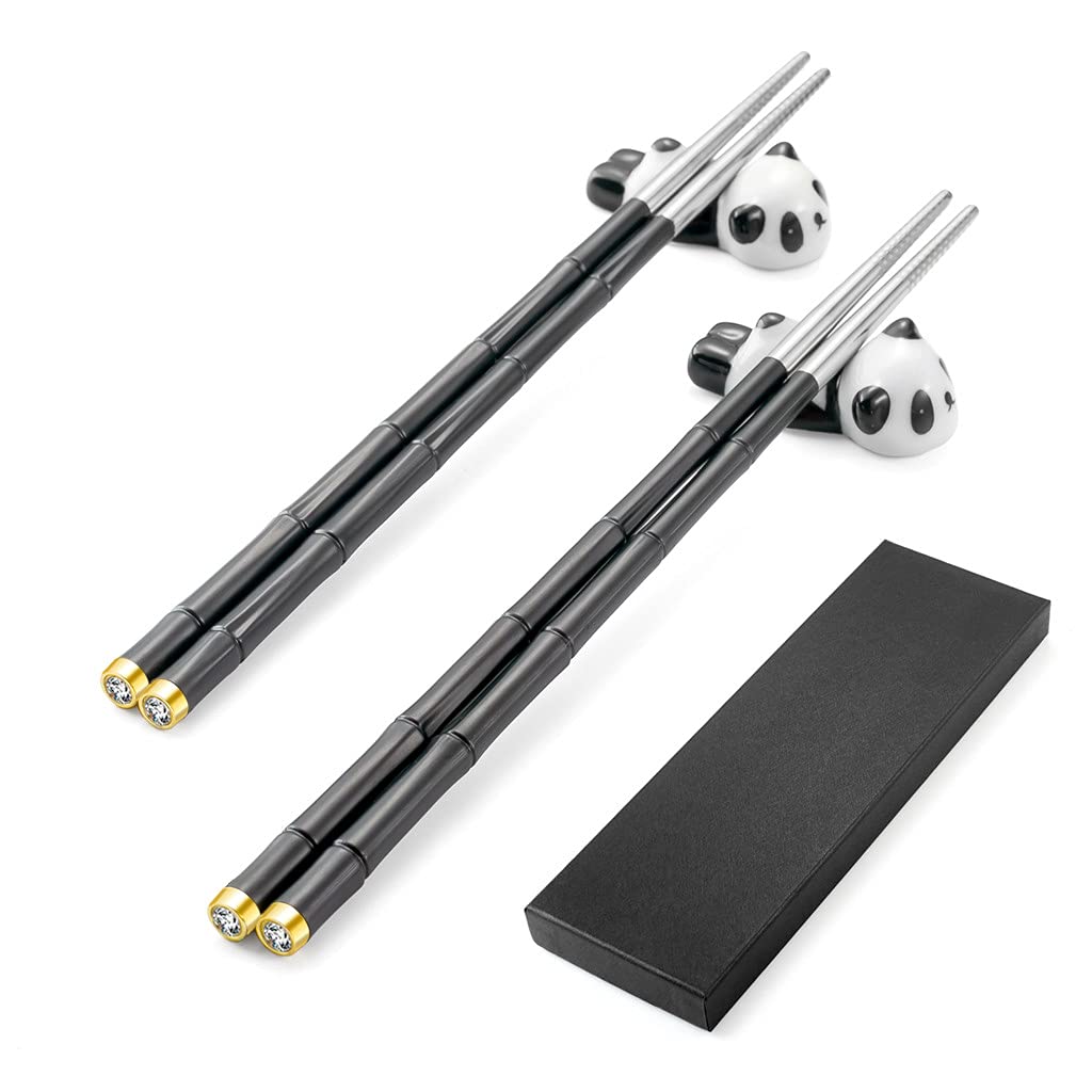 2 Paia Di Bacchette In Metallo Con Motivo Cinese 'Fu' - Acciaio Inossidabile 316 Con Rivestimento In Titanio Blu - Antiscivolo E Lavabili In Lavastoviglie