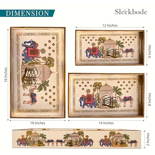 Image of Wooden Serving Tray Set of 3 | Enamel Coated Waterproof Rectangular Trays with Gold Engraving | Tea, Snacks & Dining Table Decor | Home & Kitchen Decorative Center Table Trays