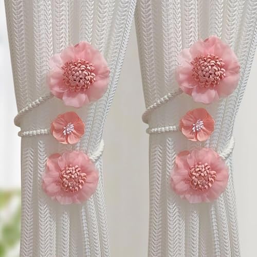 2 Packs Flower Curtain Buckle,Handmade Artificial Flower Curtain Holdbacks Clips,Flexible Curtain Tiebacks Clips Elegant Decorative for Living Room Bedroom(Pink)
