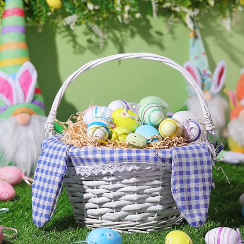 Image of Hushee Easter Willow Gift Basket 11 inchx7 inch Easter Wicker Bunny Baskets with Folding Handle Plaid Liners for Kids Toys Eggs Hunt Wood Bunny Bucket Decorations(Blue and White Plaid)