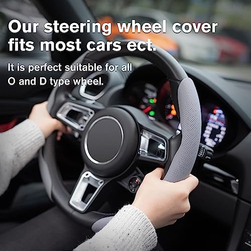 Image of AutoBizarre Car Anti Skid Non Slip Grey Leather Steering Wheel Grip Covers Decoration Universal for All Cars - Set of 2 pcs