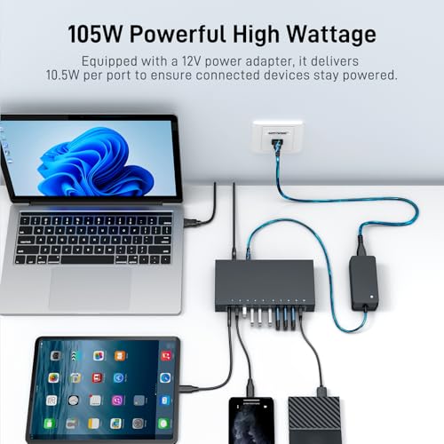 Image of 10 Port Powered USB 3.0 Hub, Industrial Rack Mountable USB Data Hub with 12V /3A Adapter 105W Output ESD Protection, Rugged Metal Case USB Expander Splitter