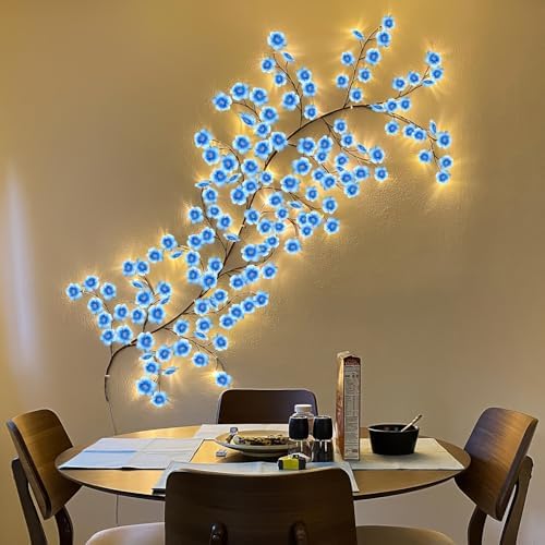 Blue Cherry Blossom Tree Branch Lights for Wall,Cherry Enchanted Willow Vine Lights,with 144 LED and 8 Lighting Modes,Remote Timer,for Bedroom Wall Doors Windows Wedding Christmas Holiday (90inch)