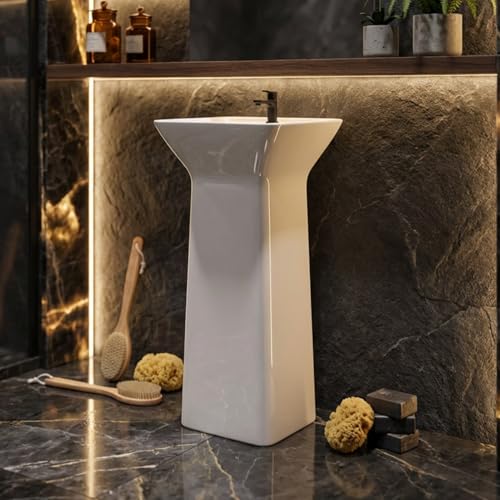 Image of Well Set Luxury Ceramic One Piece Pedestal Wash Basin | Premium Square Stand Wash Basin for Home Office Hotel | SQURE WHITE