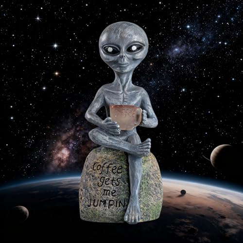 SHAODIE Solar Powered Alien Garden Statue with Coffee Cup, Funny Outdoor Decor, 11.6 x 5.1 x 4.5 inches