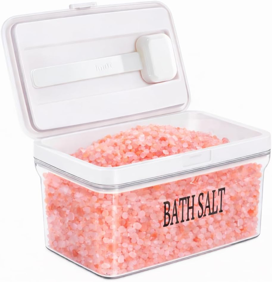 Bath Salt Container with Magnetic Scoop, 29oz Airtight Plastic Jar, Flip-Top Bathroom Storage Canister for Bath Salts, Epsom Salt, Bombs - BPA Free, Clear