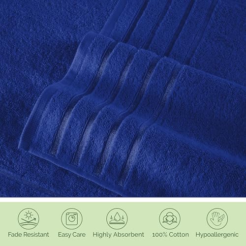 Image of Elegant Comfort 100% Turkish Cotton 4 Lines Viscose Stripe Luxury 2 Pack Bath Towel Set 27 x 54 Inch - Super Soft and Highly Absorbent Premium Hotel Spa Quality Towels for Bathroom Use, Royal Blue