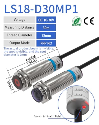 Sensor fotoeléctrico láser con haz pasante regulable a 30M y punto visible NPN PNP 3