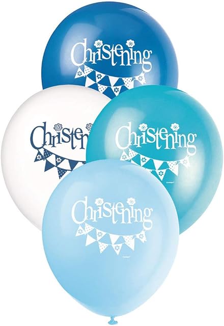 Unique 52066 12" Blue Bunting 8ct Christening Latex Balloons | White 8 Pcs