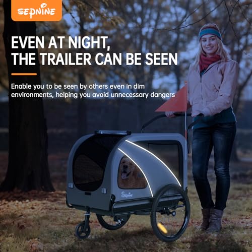 SEPNINE 2-in-1 XL Fahrradanhänger für Hunde, Hundeanhänger für Fahrrad - mit Dachöffnung, Reflektoren & Reflexstreifen, mit Schiebestange & Universal-Fahrradkupplung, Faltbar, Bis 50 kg, Grau