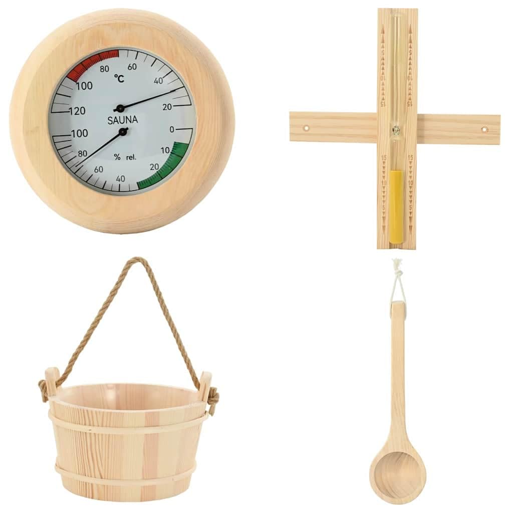 Zestaw akcesoriów do sauny, 4-częściowy, z drewna sosnowego i konopnego, wiadro do sauny 4 l z chochlą, termohigrometrem i klepsydrą 15 min, do spa i łaźni parowej