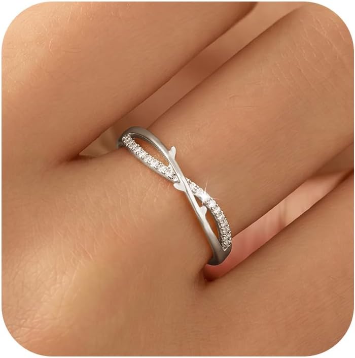 Dainty Branch Ring for Women, 925 Sterling Silver Cubic Zirconia Twig Ring for Mother Daughter 14K Gold Plated Crystal Promise Leaf Stacking Finger Rings Birthday Mother's Day Jewelry Gift Size 5-8
