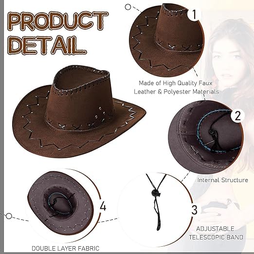 MALLOOM Ensemble de 6 chapeaux de cowboy et bandanas, chapeau de cowgirl en daim, chapeau de cowboy en feutre, costume western pour hommes et femmes, pour fête et scène