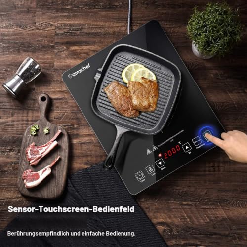 Foto von Induktionskochplatte,AMZCHEF Induktionskochfeld 1 Platte, 2000W Einzel induktionskochfeld mit schlankem Design, 10 Leistungsstufen und Temperatureinstellungen, Sicherheitsverriegelung