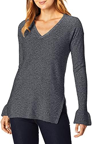 Michael Stars Women's Mixed Stitch Soft V-Neck Pullover with Ruffle Sleeve, Nocturnal, XS
