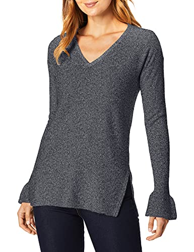 Michael Stars Women's Mixed Stitch Soft V-Neck Pullover With Ruffle Sleeve, Nocturnal, Xs #TOP23