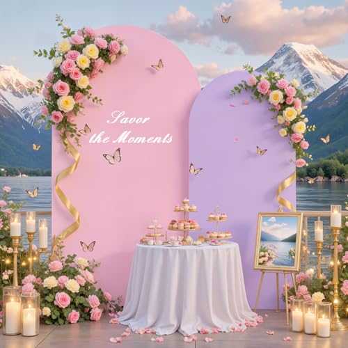 Image of Pink Purple Arch Backdrop Cover for Wedding, 7.2FT 6FT Set of 2 Stretchy Spandex Fitted Arch Stand Cover for Baby Shower, Birthday Party Decor, Chiara Backdrop Cover with Double-Sided Design