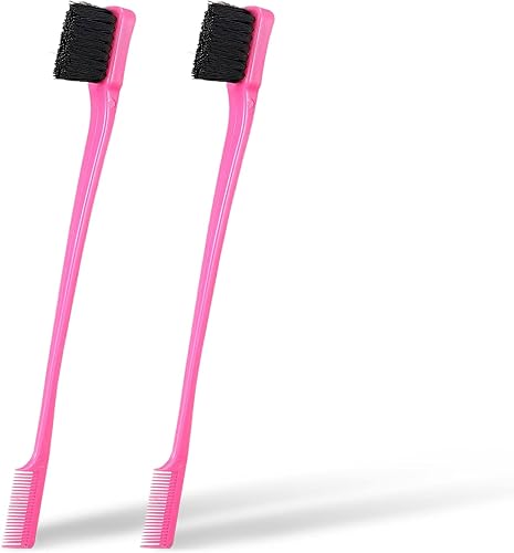 Soft 'N Style Double Sided Edge Control Hair Brush Comb Combo Pack 2 Pieces (Pink)